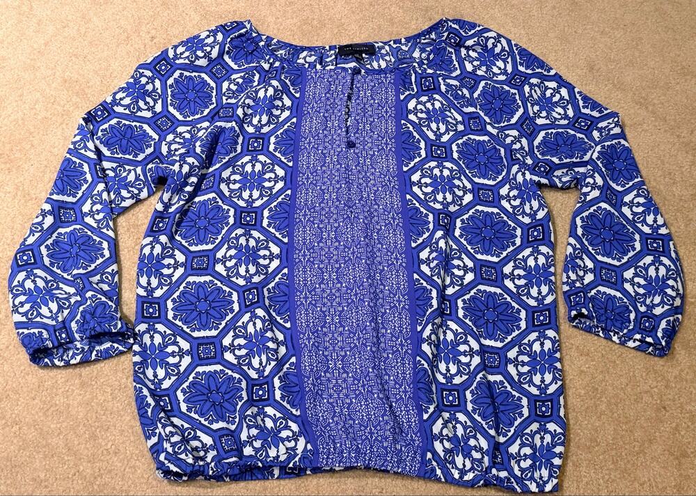 The Limited Blue White Geometric Floral Boho Long Sleeve Blouse Top Women's XS